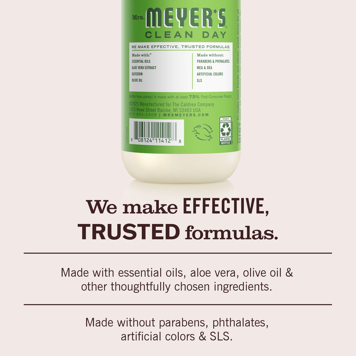 Savon liquide pour mains Mrs. MEYER'S avec étiquette visible