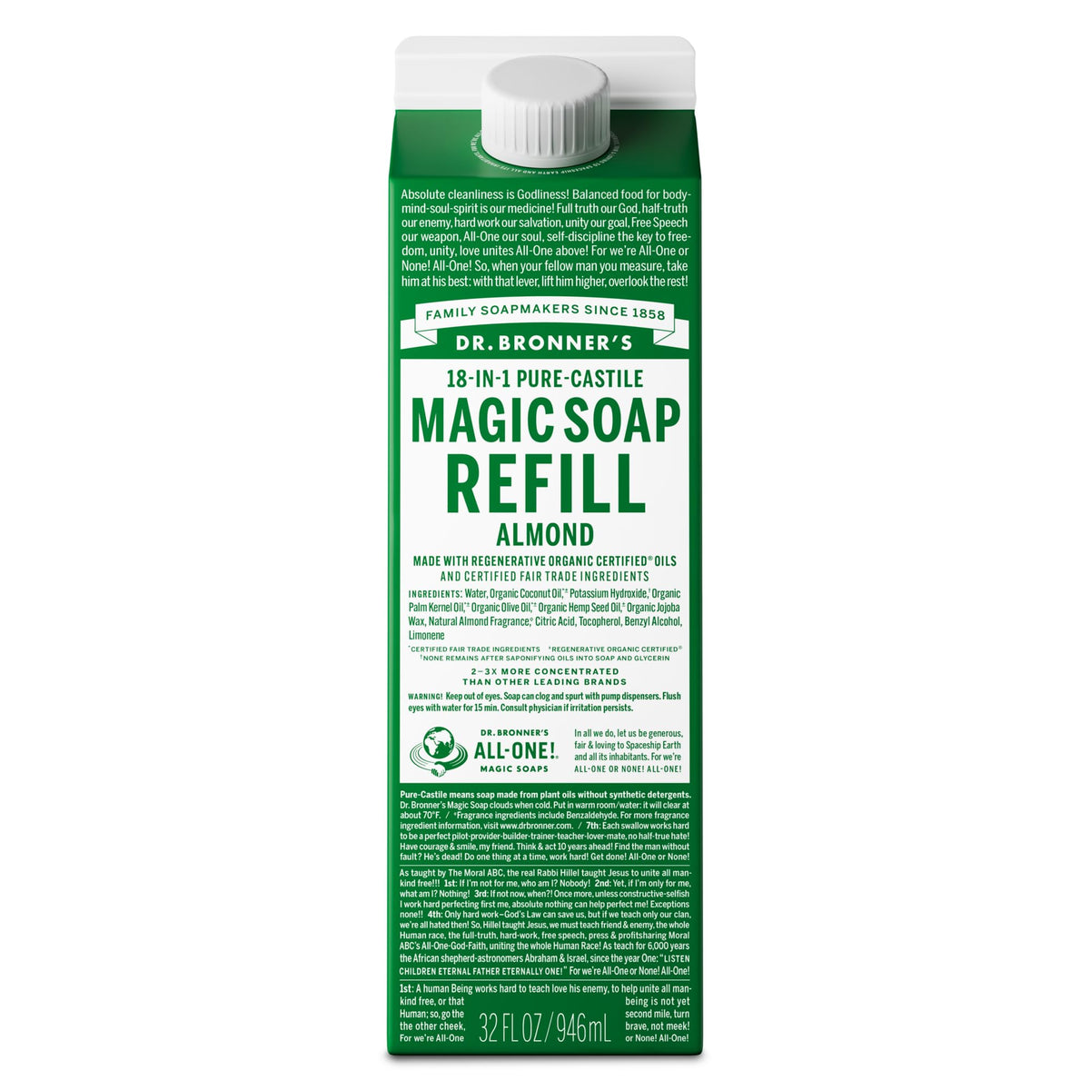 Savon liquide Pure-Castile Dr. Bronner's Amande 32oz vue de face
