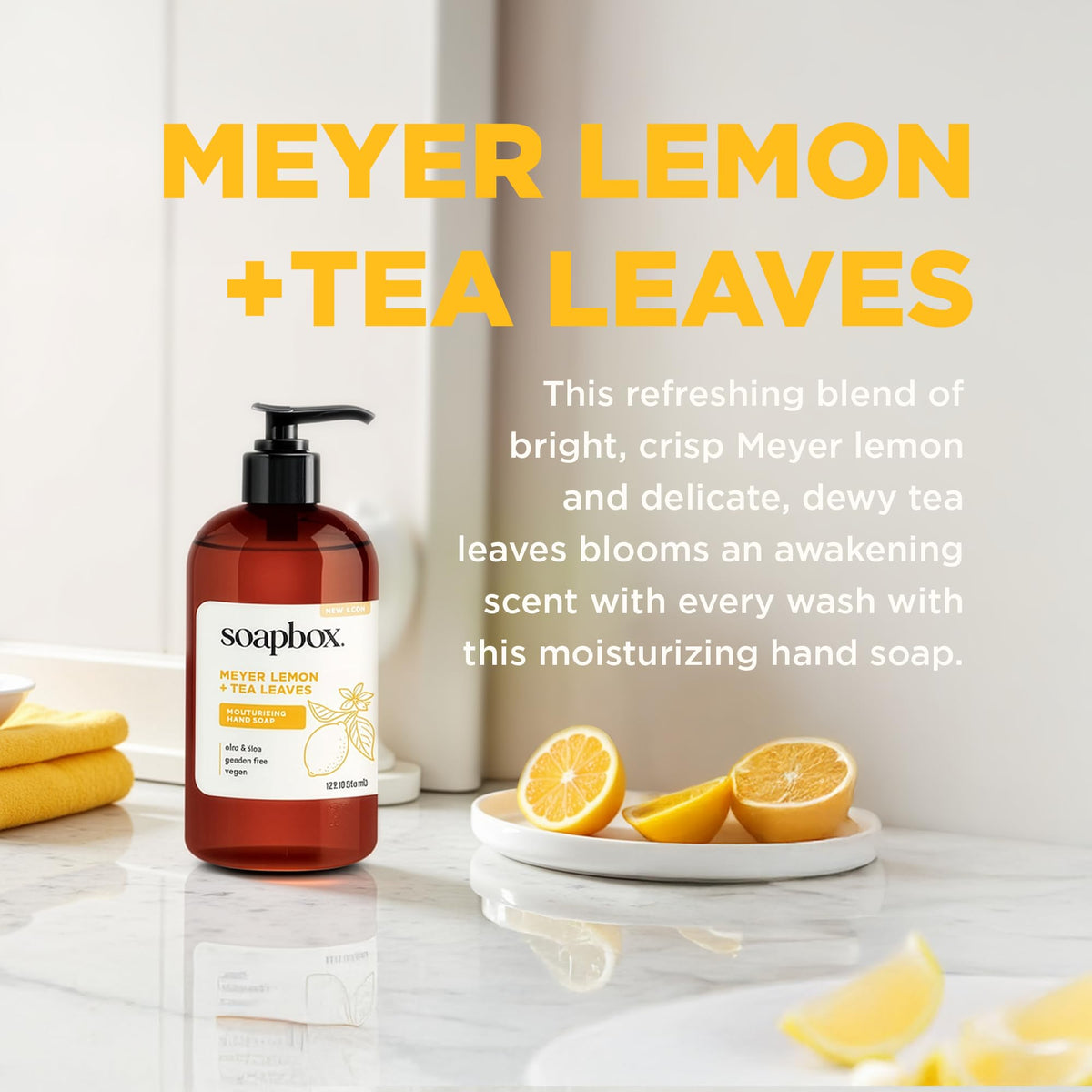 Savon liquide Soapbox citron Meyer et feuilles de thé, bouteille vue de côté