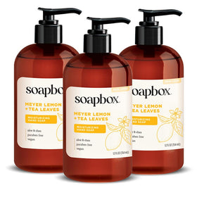 Savon liquide Soapbox citron Meyer et feuilles de thé, emballage avant