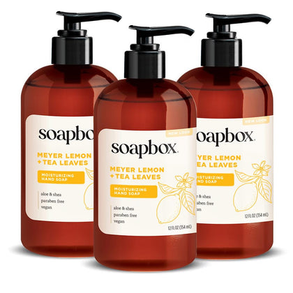 Savon liquide Soapbox citron Meyer et feuilles de thé, emballage avant