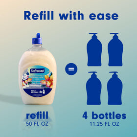 Savon liquide Softsoap au parfum de vanille chaude et lait de coco sur un évier