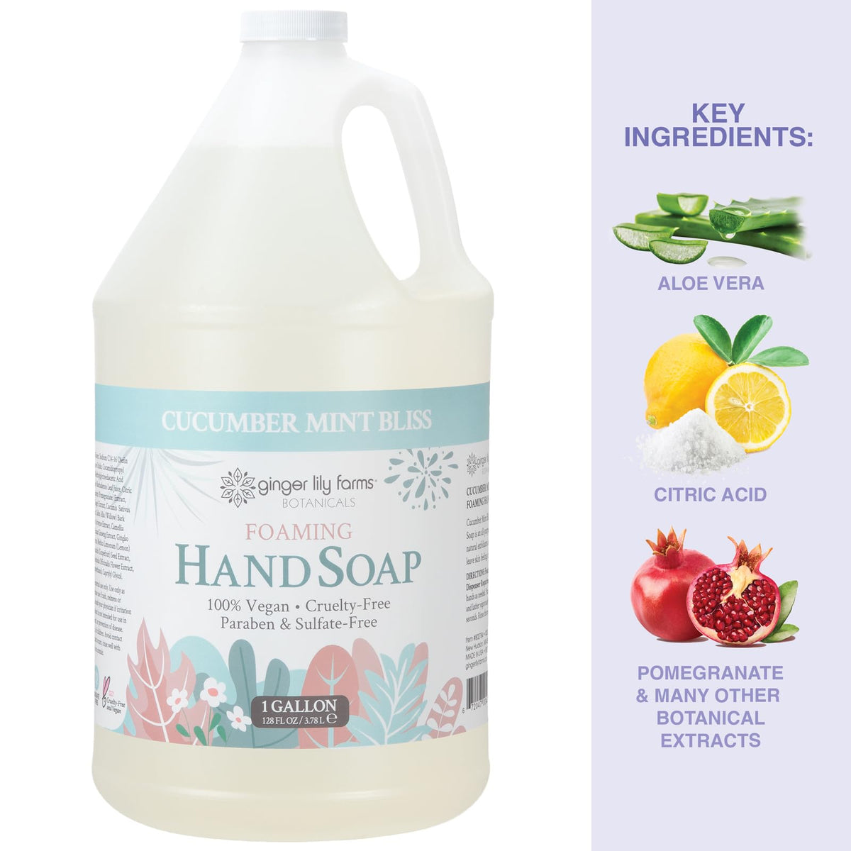 Savon moussant Ginger Lily Farms avec des concombres et de la menthe en arrière-plan