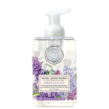 Savon moussant main Lilas Français Michel Design Works, vue avant avec flacon élégant
