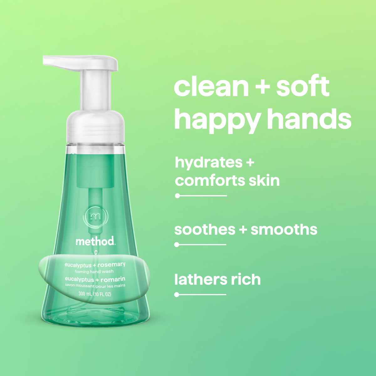 Savon moussant Method Eucalyptus avec mousse sur les mains