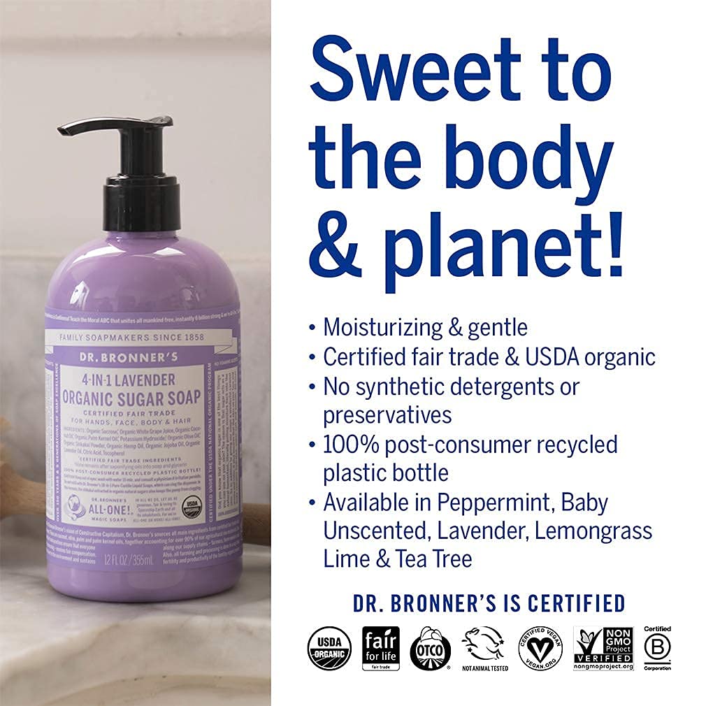 Savon sucré bio Dr. Bronner's à la lavande, utilisation sur les mains