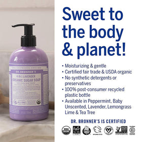 Savon sucré bio Dr. Bronner's à la lavande, utilisation sur les mains