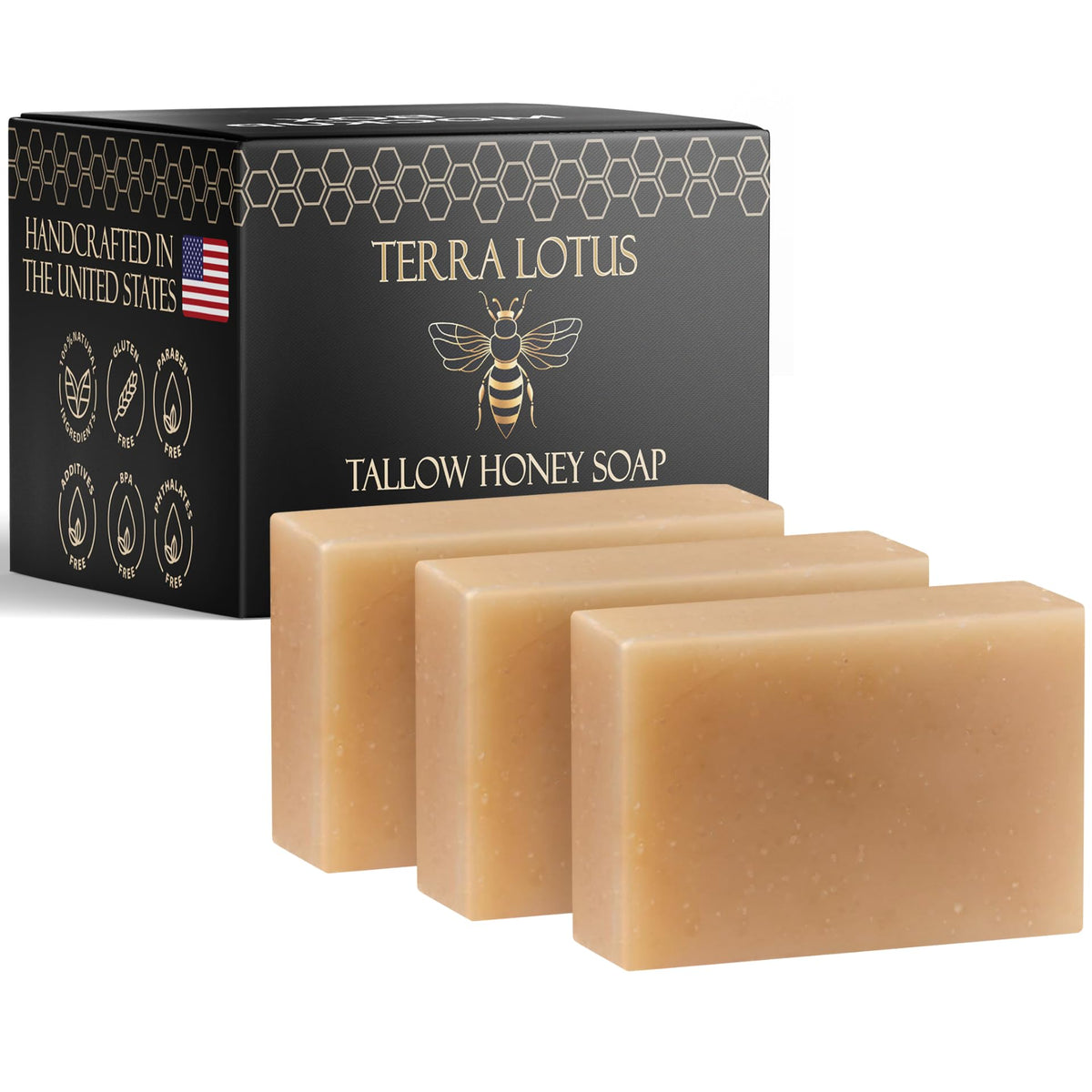 Savon Terra Lotus Bio 3 Pack vue avant avec tallow et miel brut