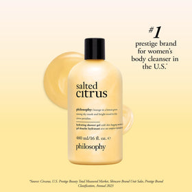 Scène de douche avec gel douche philosophy agrumes salés