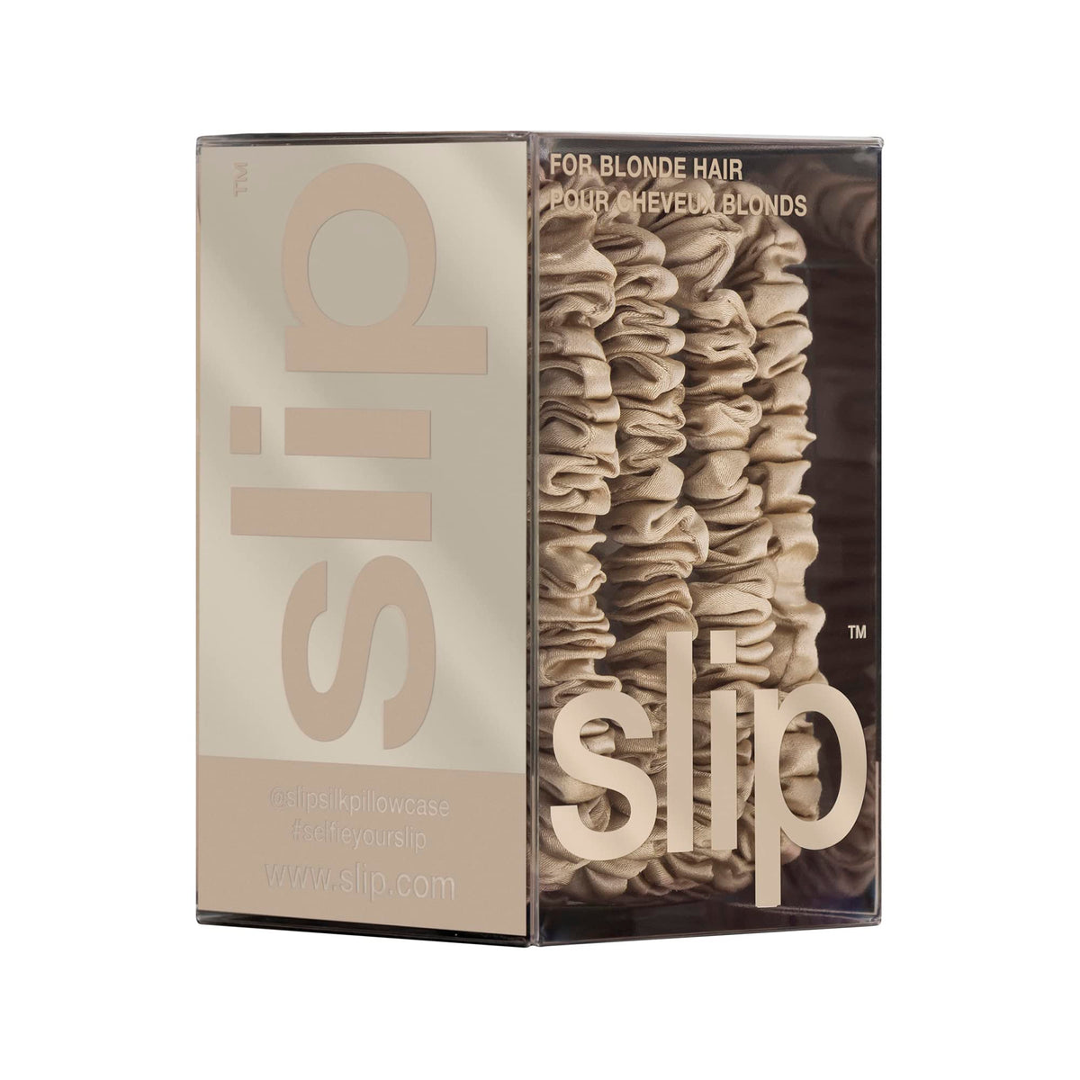 Scrunchies SLIP en soie blonde sur un fond coloré