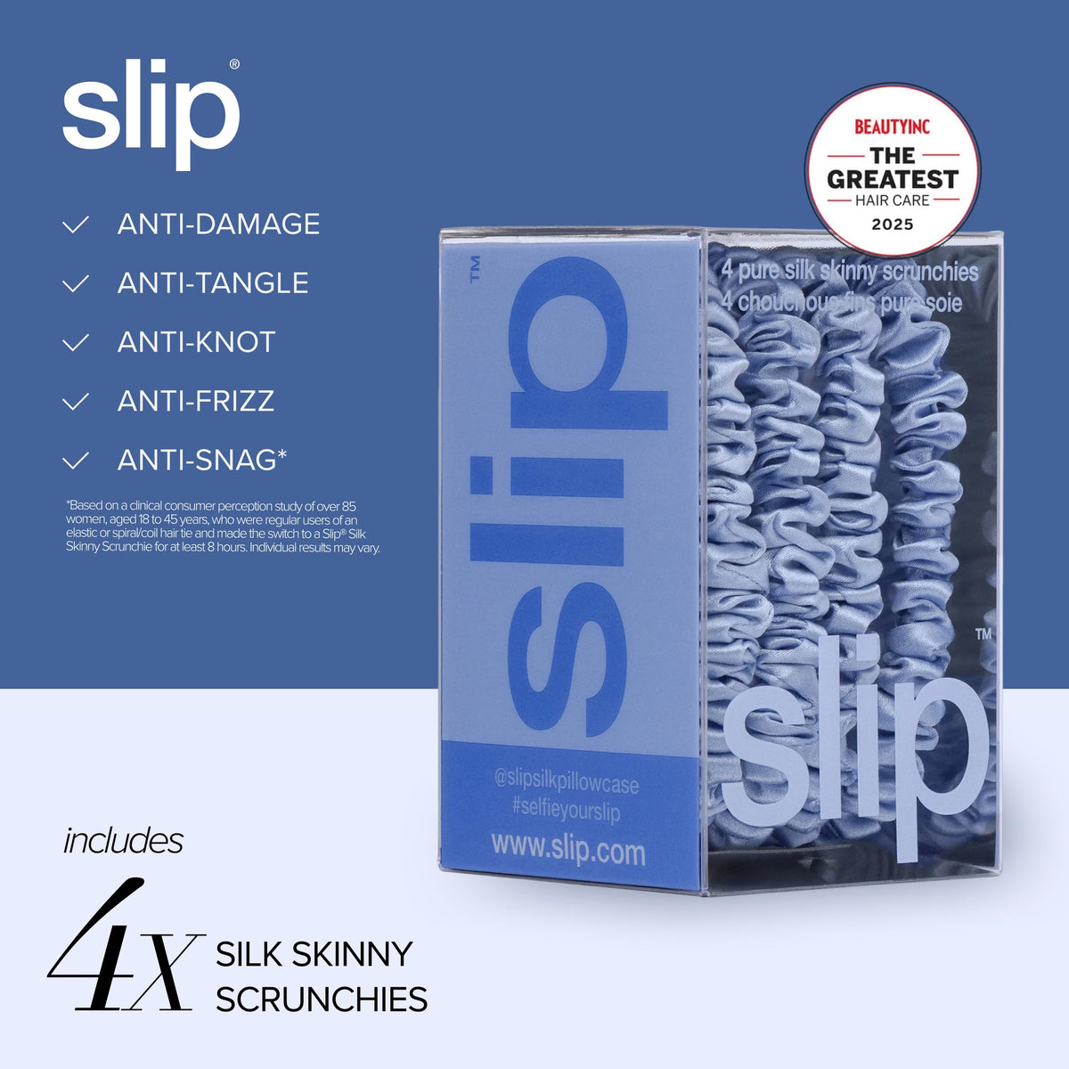 Scrunchies SLIP exposés sur une surface neutre avec éclairage doux