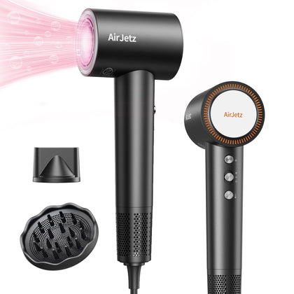 Sèche-cheveux AirJetz noir vue avant avec diffuseur et buse magnétique
