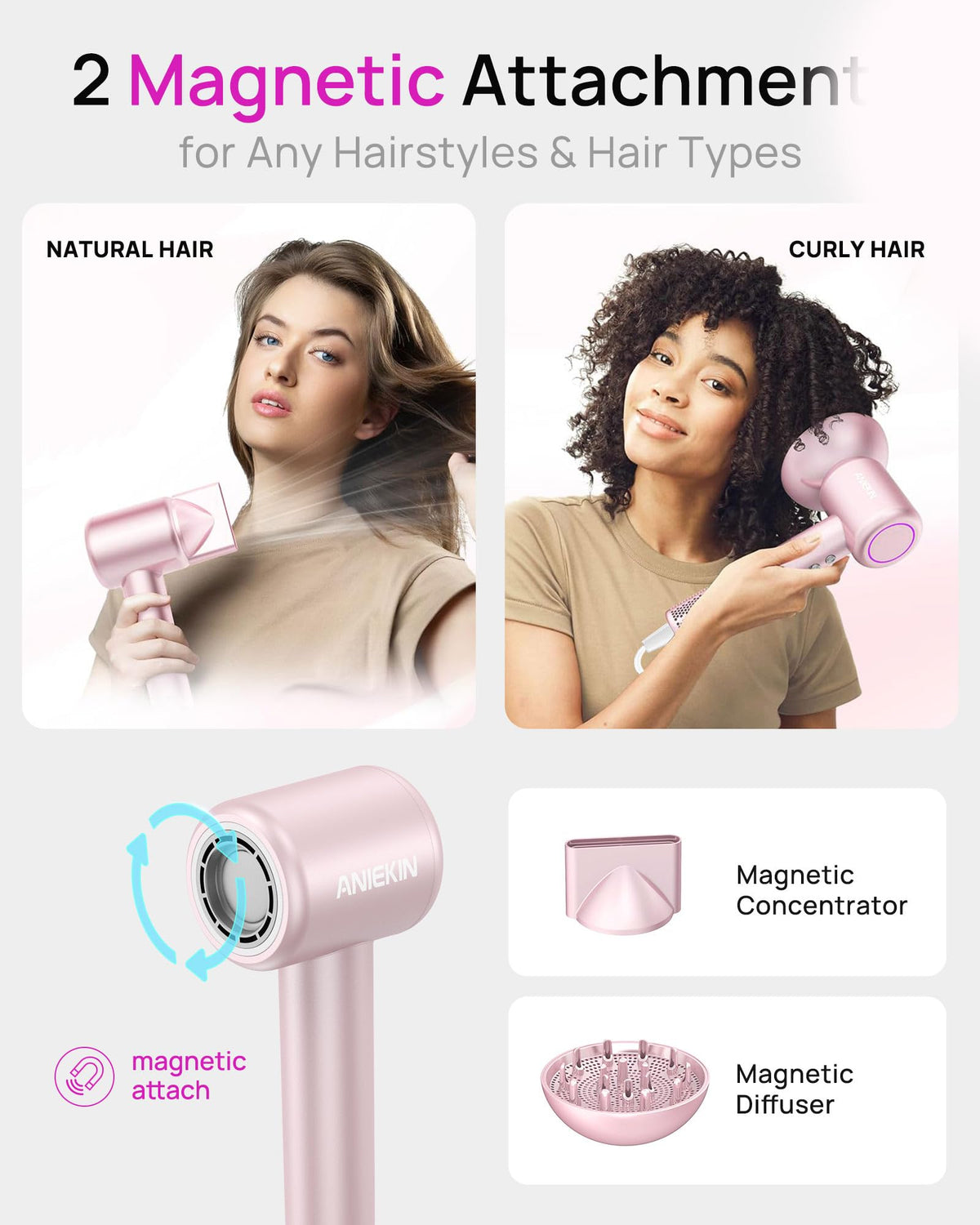 Sèche-cheveux ANIEKIN en utilisation avec cheveux longs