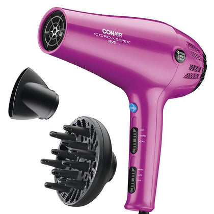 Sèche-Cheveux Conair 1875W rose vue avant avec diffuseur et concentrateur