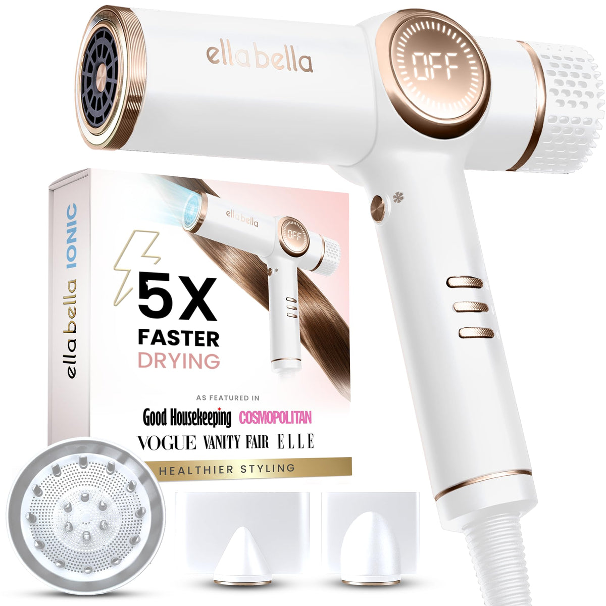 Sèche-Cheveux ELLA BELLA ionique vue avant avec diffuseur