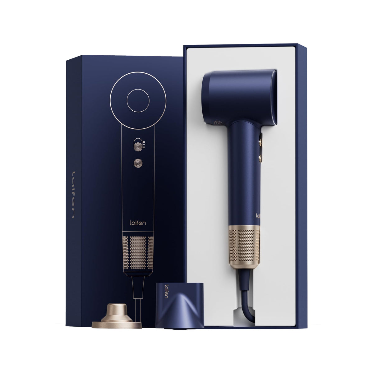 Sèche-cheveux Laifen Premium Royal Blue vue de face avec embout lissant