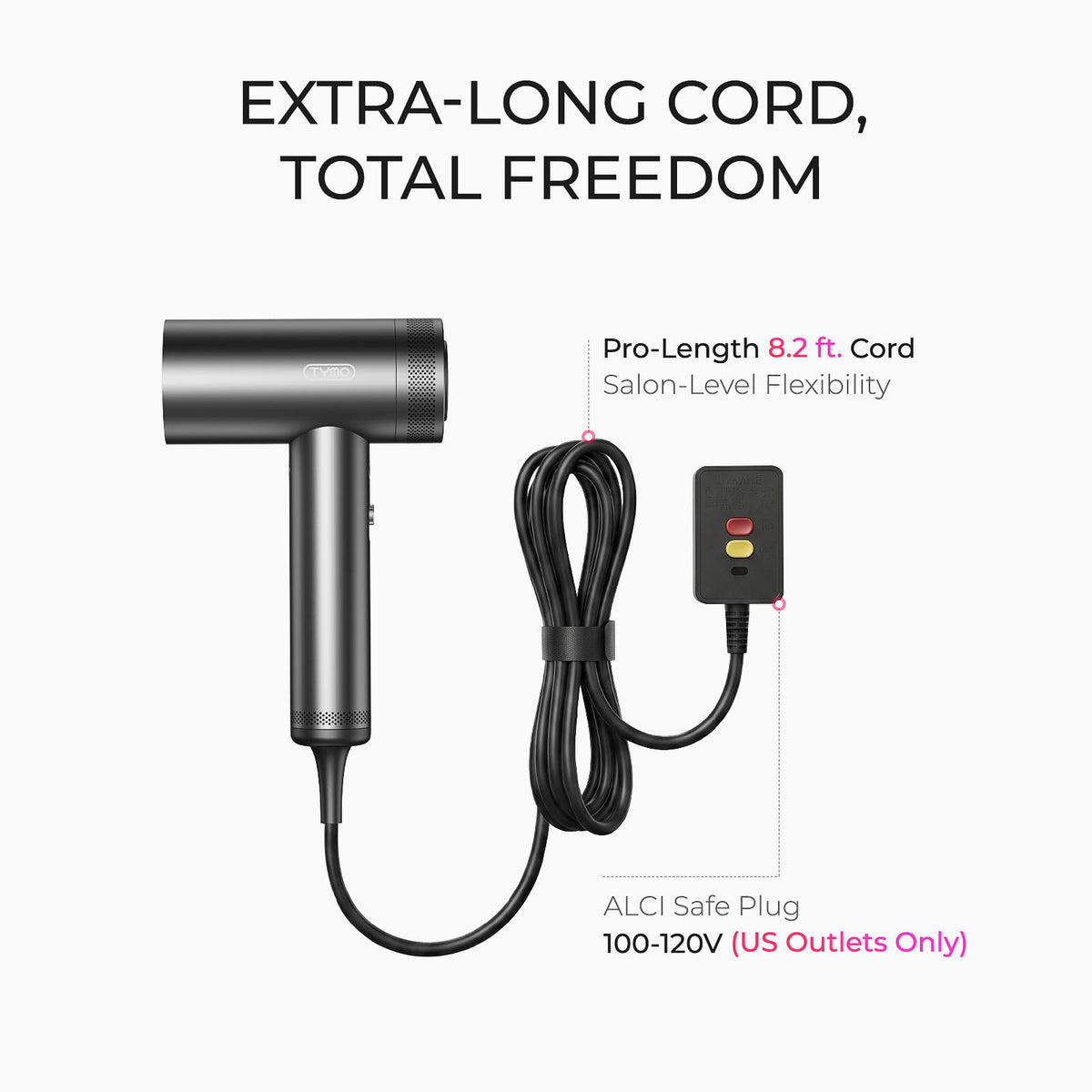 Sèche-cheveux TYMO 1500W en cours d'utilisation sur des cheveux