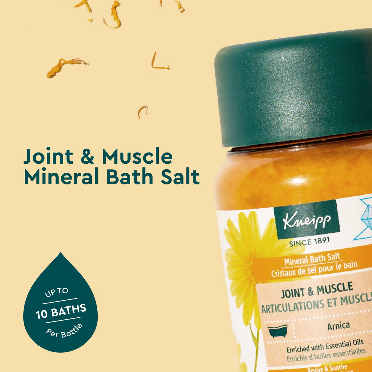 Sel de bain Kneipp à l'arnica dans une baignoire avec eau chaude