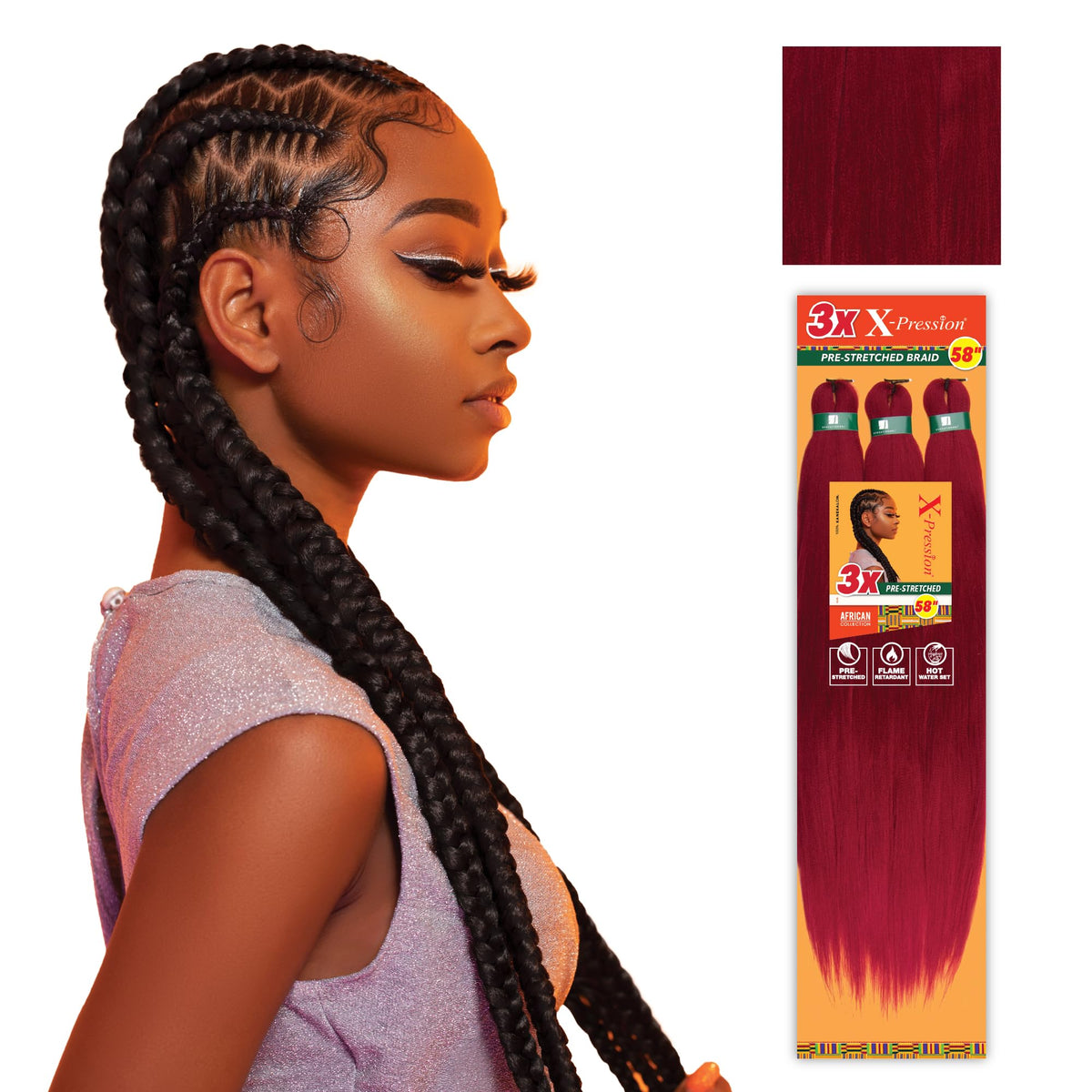 Sensationnel X-PRESSION cheveux à tresser pré-étirés couleur bourgogne