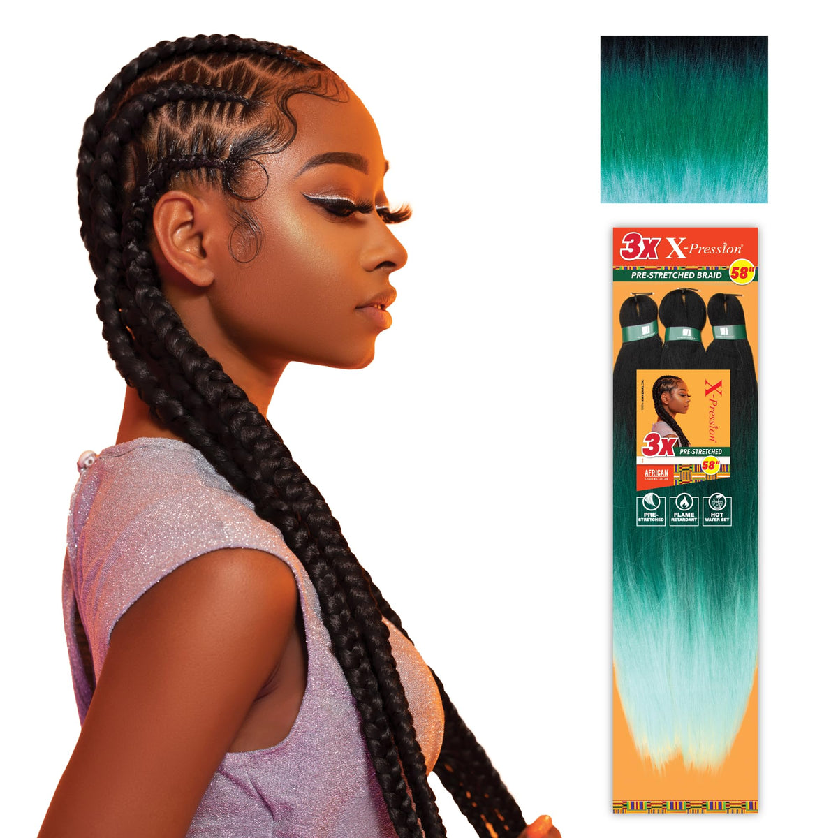 Sensationnel X-Pression Tresses Pré-étirées 58in couleur 3T1B/MINT vue de face