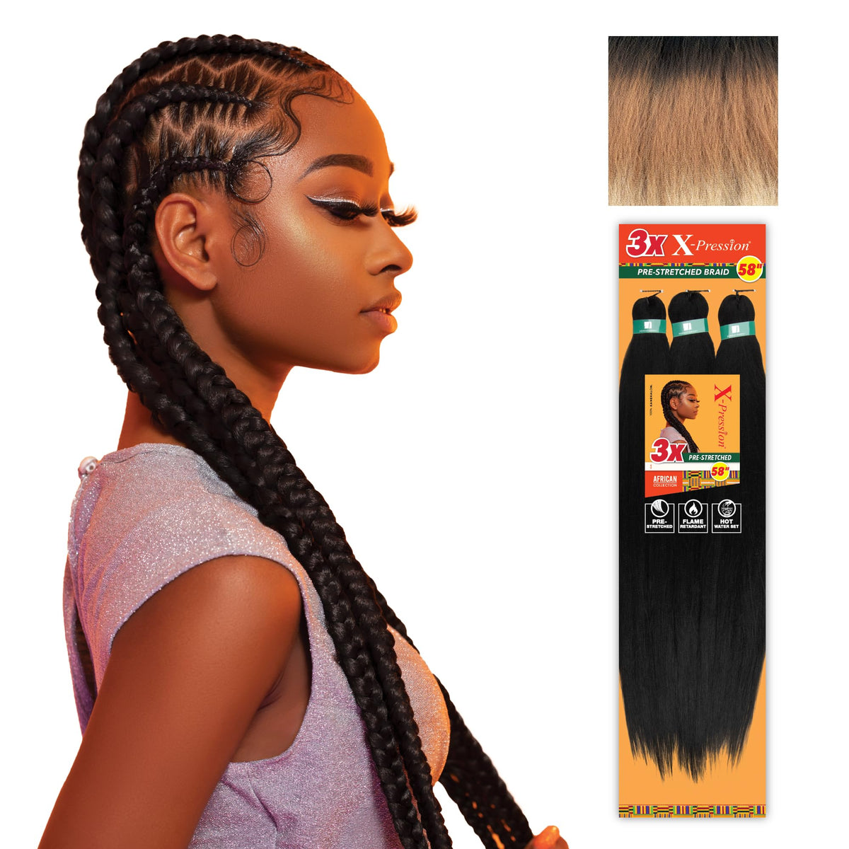 Sensationnel X-Pression Tresses Pré-étirées 58in vue avant