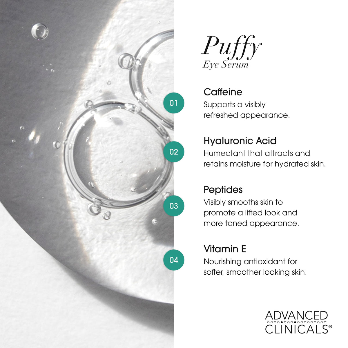 Sérum Advanced Clinicals appliqué sous l'œil sur une peau claire