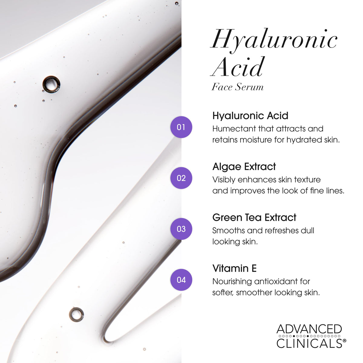 Sérum Advanced Clinicals avec ingrédients clés comme le thé vert et la vitamine E