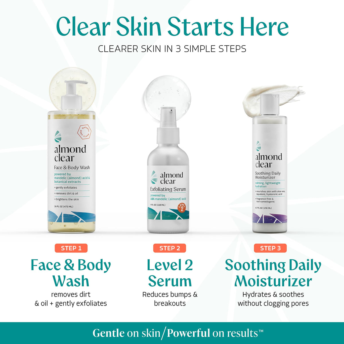 Sérum Almond Clear avec gouttelette sur la main