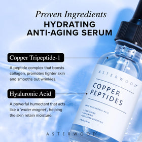 Sérum Asterwood Peptides Cuivre sur une surface en bois