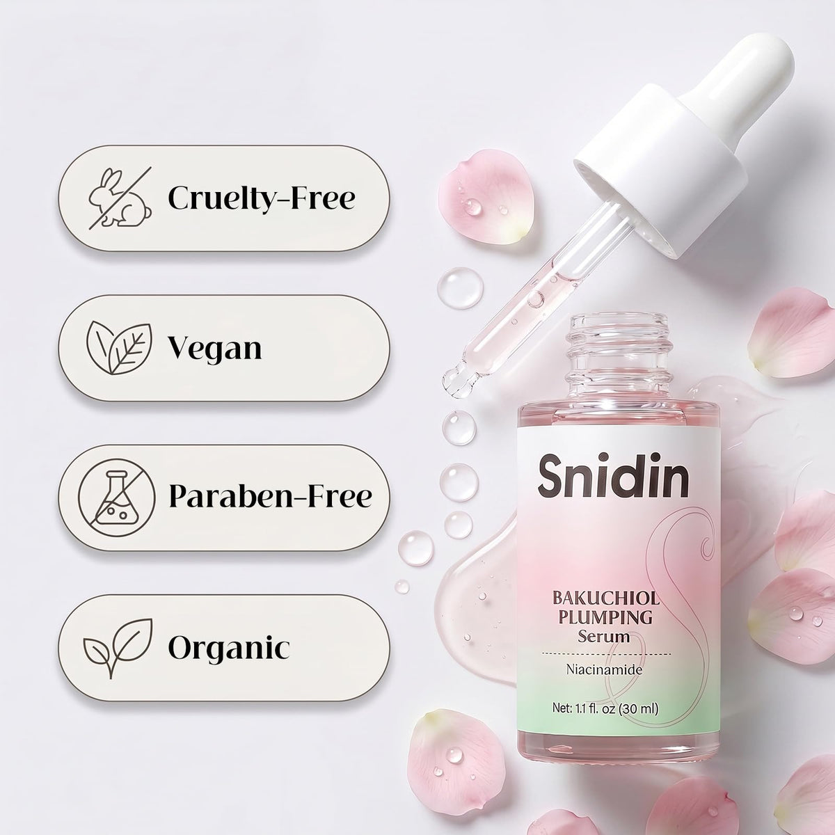 Sérum Bakuchiol Snidin avec ingrédients naturels en arrière-plan