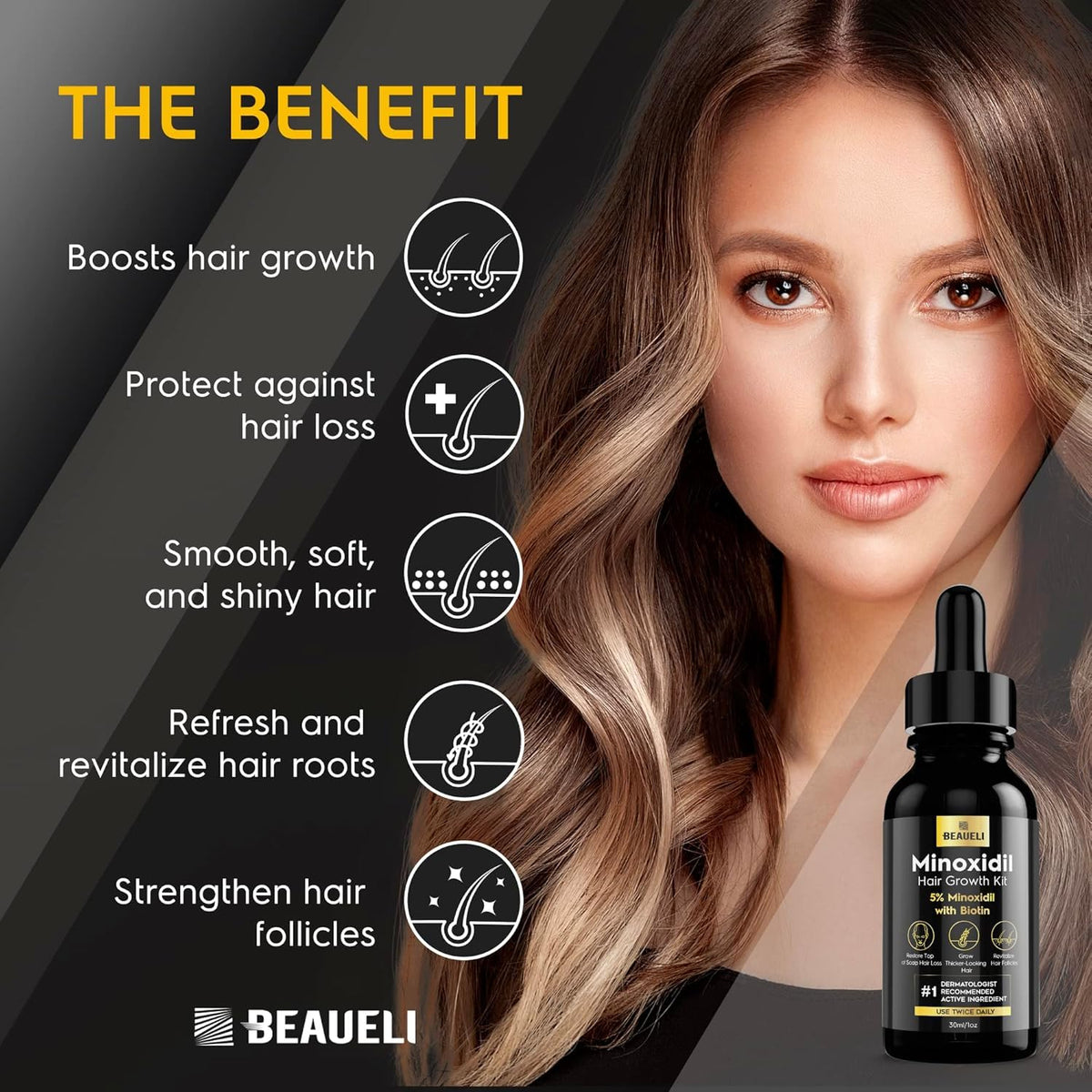 Sérum beaueli 5% Minoxidil avec étiquette détaillée