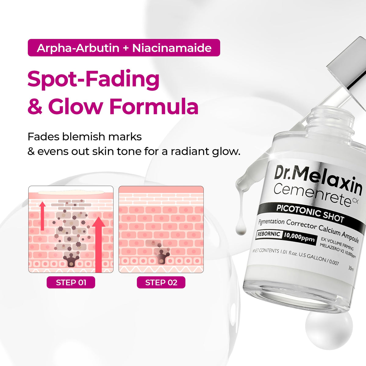 Sérum Dr.Melaxin Picotonic Shot 30 ml sur une surface en bois