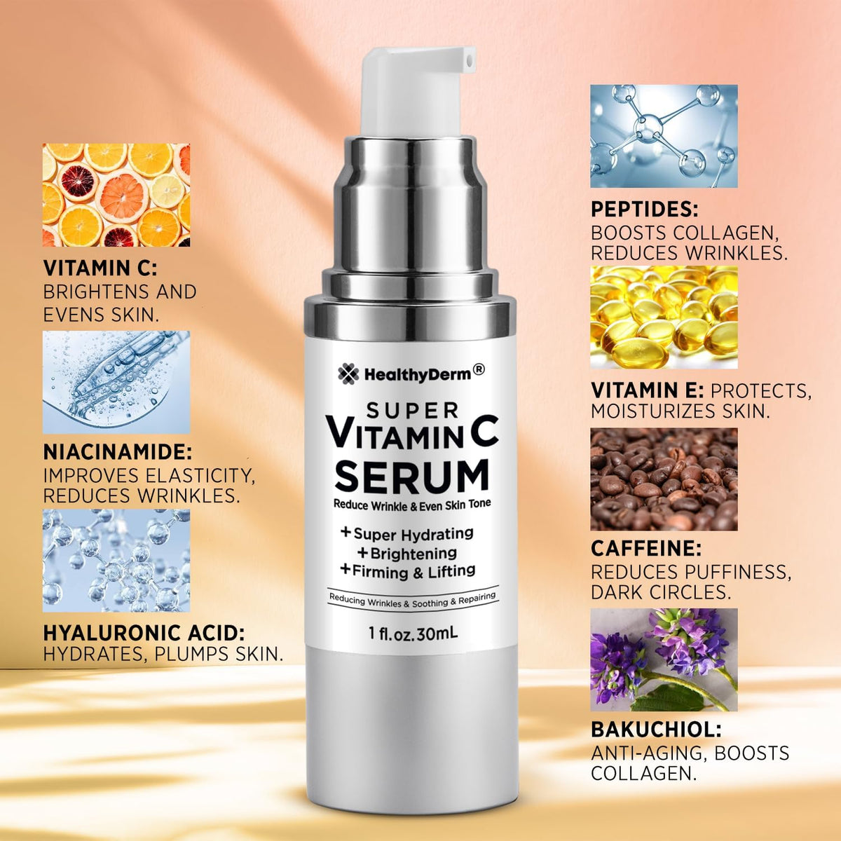 Sérum HealthyDerm avec des ingrédients naturels en arrière-plan