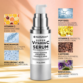 Sérum HealthyDerm avec des ingrédients naturels en arrière-plan