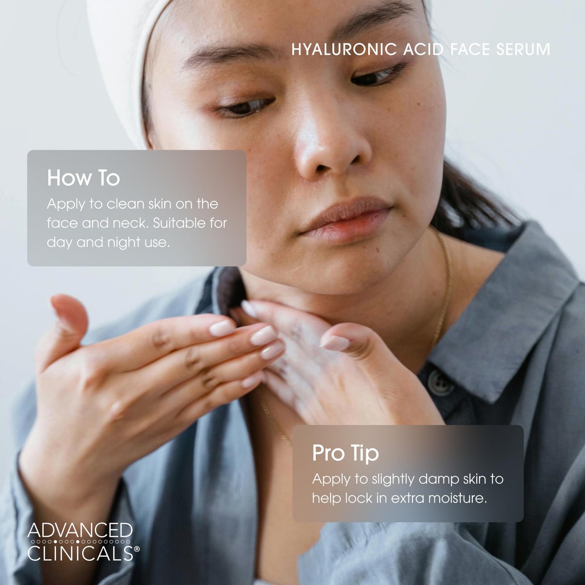 Sérum hyaluronique Advanced Clinicals sur un fond neutre
