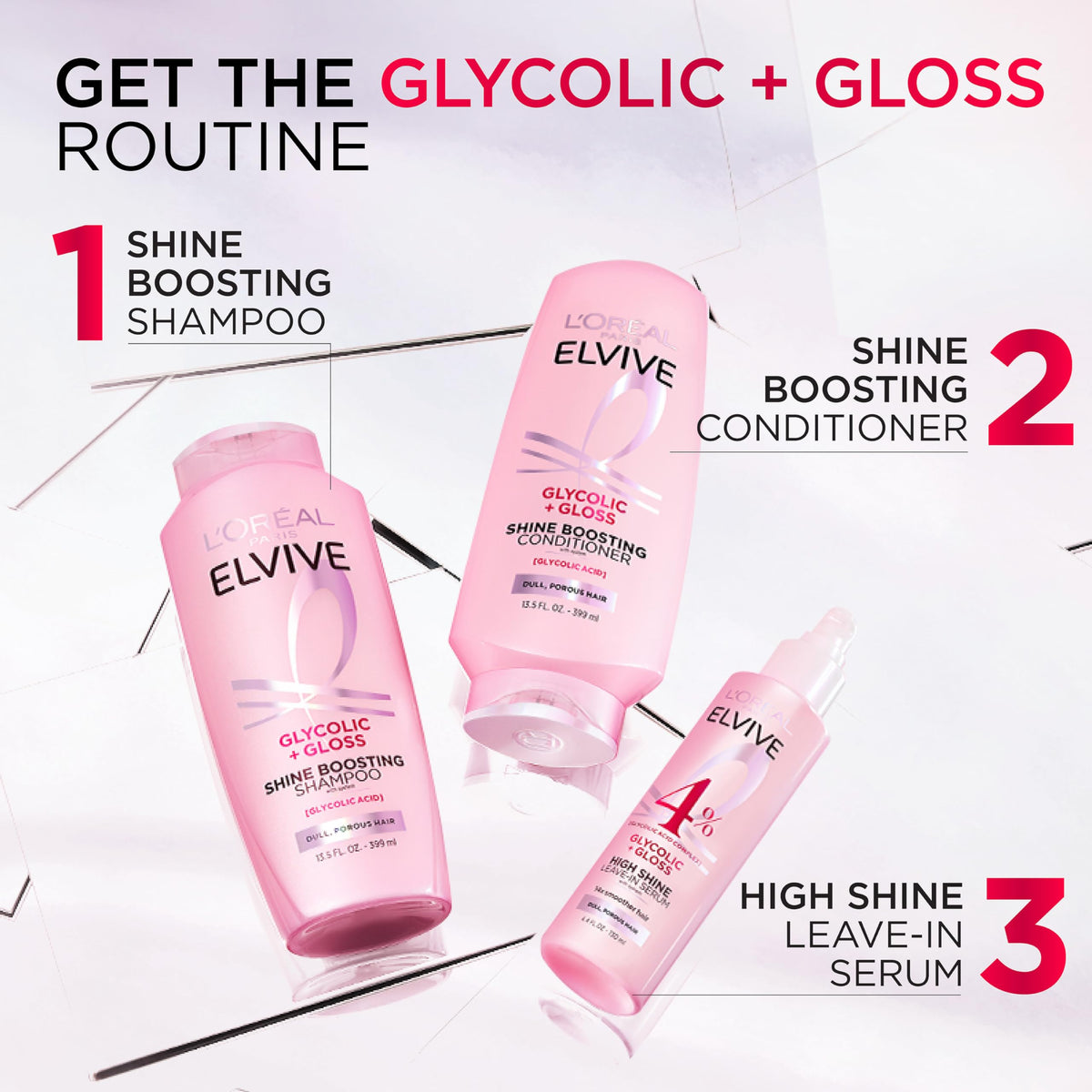 Sérum L'Oreal Paris Elvive Glycolic + Gloss et produits capillaires assortis