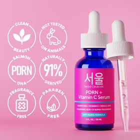 Sérum PDRN avec goutte sur une surface blanche
