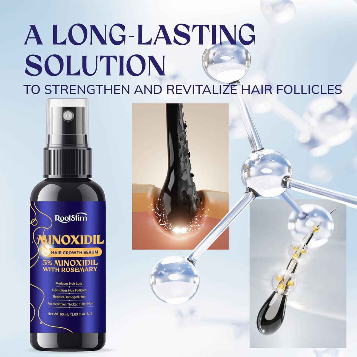 Sérum RootStim 5% Minoxidil en utilisation quotidienne