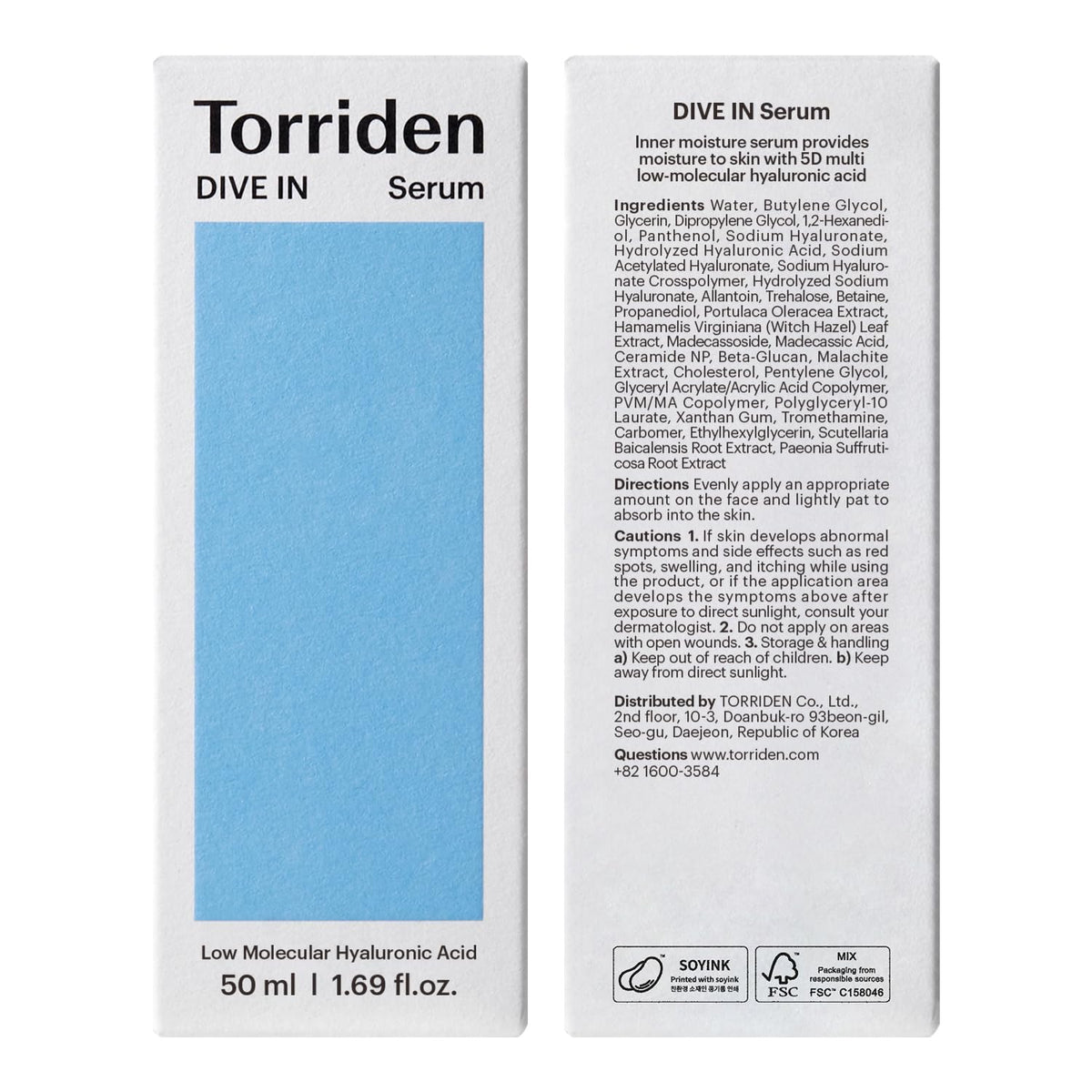 Sérum Torriden DIVE IN 50ml avec description des ingrédients.