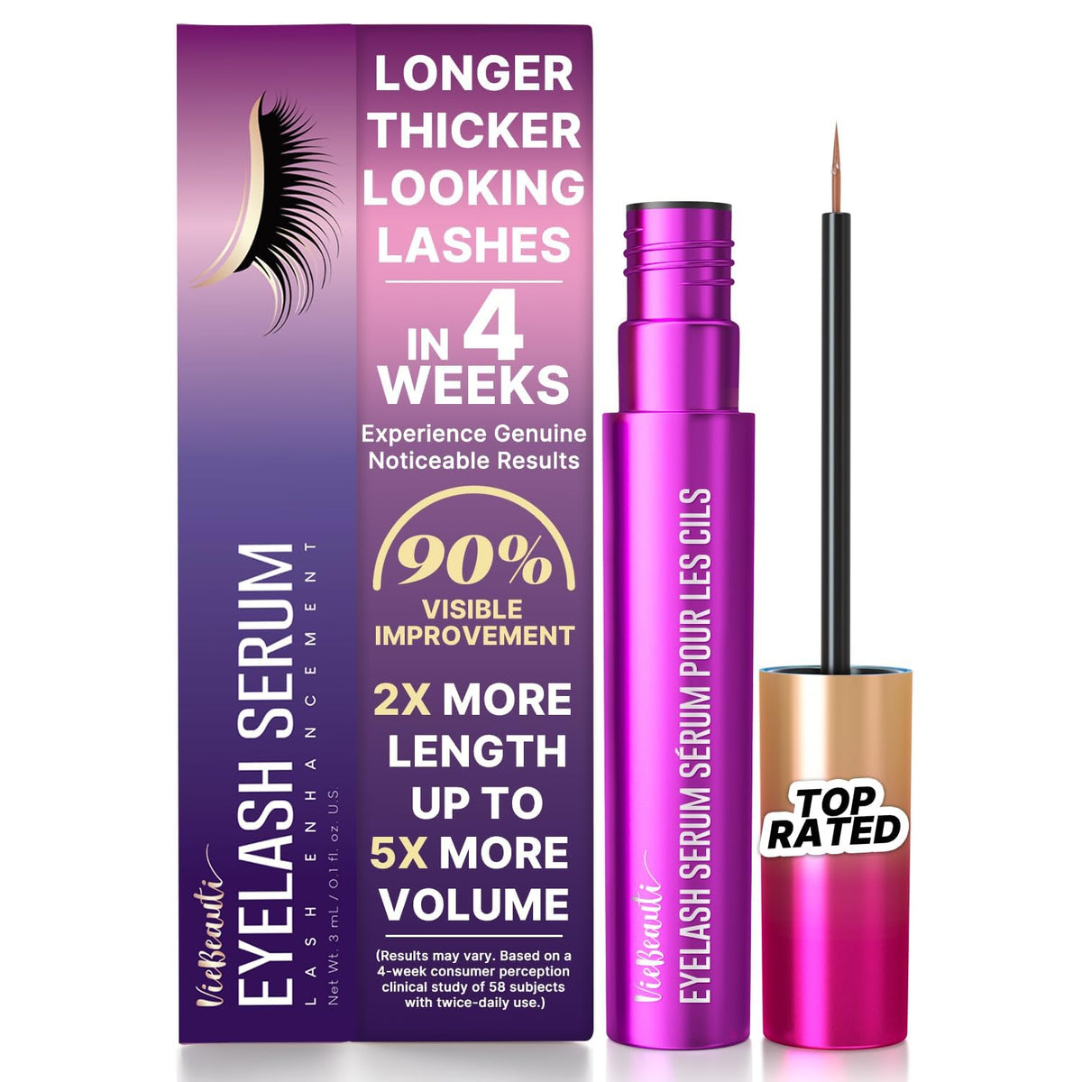 Sérum VieBeauti 3mL pour la croissance des cils, vue avant.