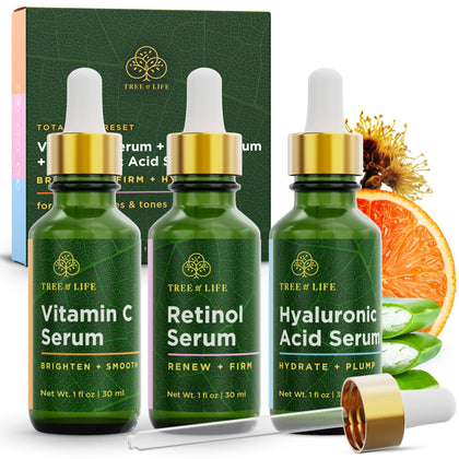 Sérum Visage Tree of Life trio de 3 flacons contenant Vitamine C, Rétinol et Acide Hyaluronique