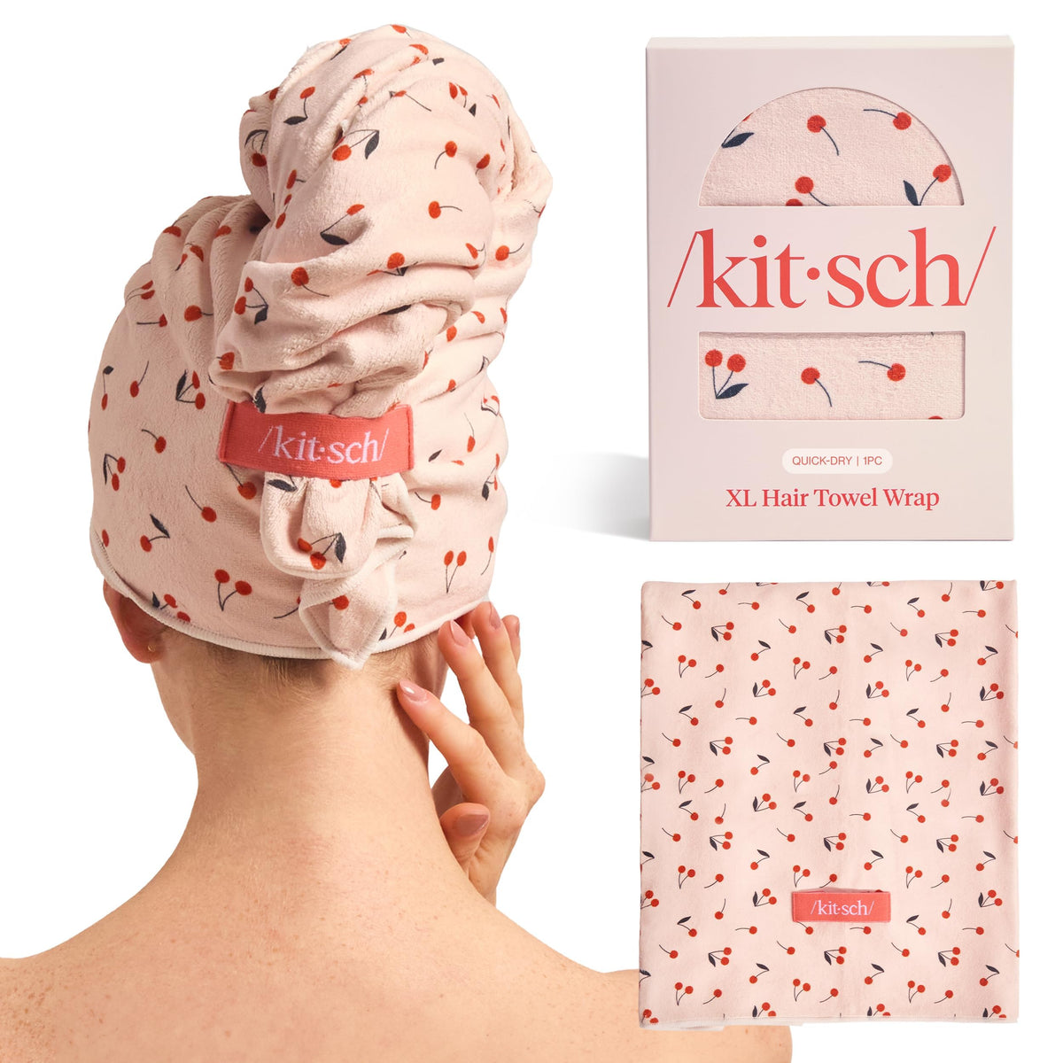 Serviette de cheveux microfibre Kitsch XL imprimé cerise, vue de face