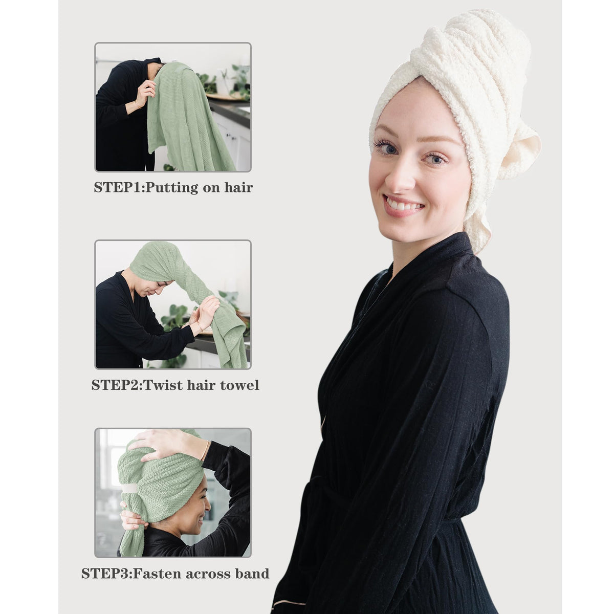 Serviette ROLSHOL en utilisation, séchage des cheveux