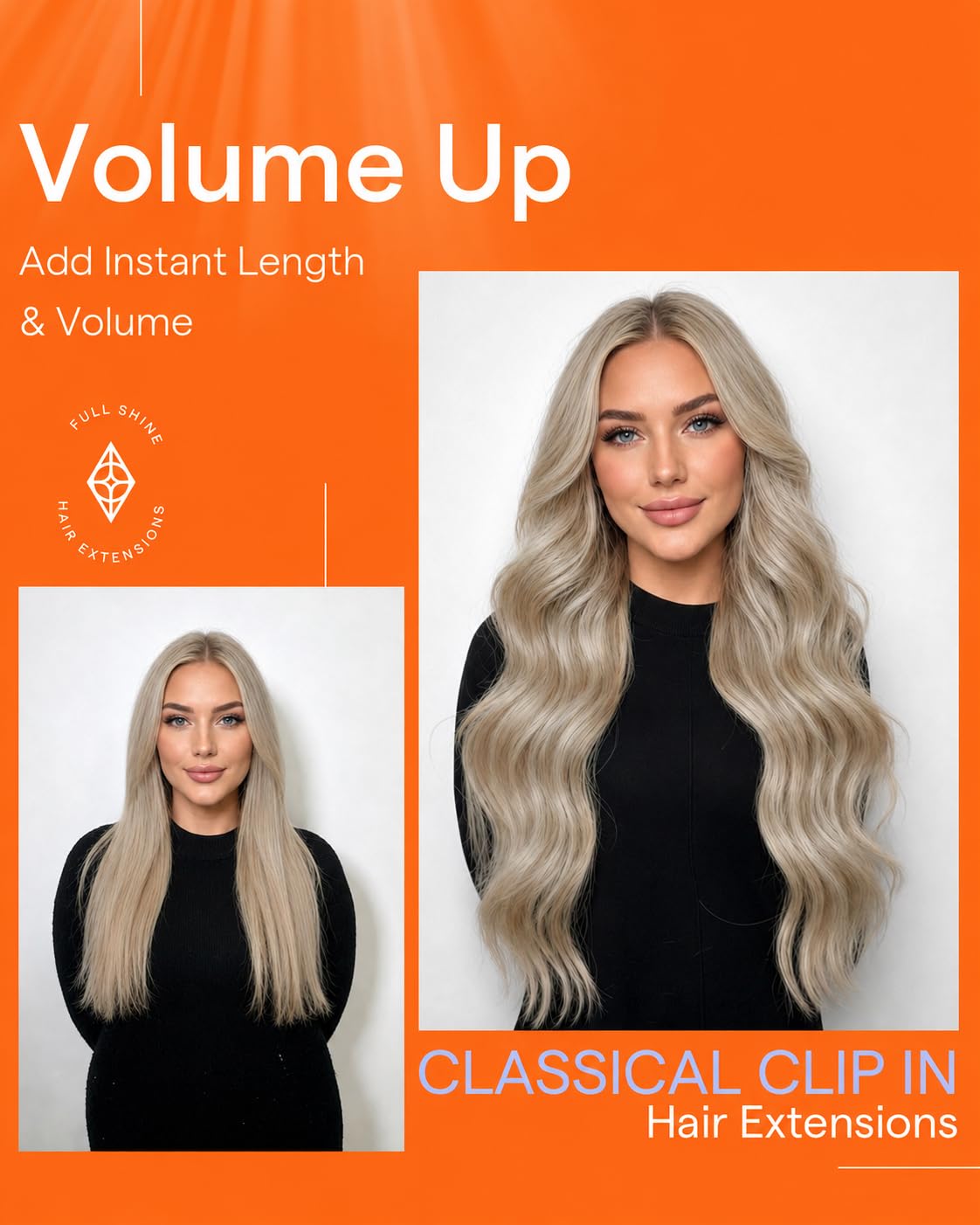 Set complet d'extensions cheveux clip-in Full Shine avec différentes largeurs