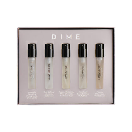 Set d'échantillons de parfums DIME avec cinq flacons de 2 ml
