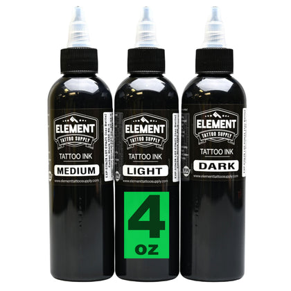 Set d'encres greywash Element Tattoo Supply 4oz vue de face