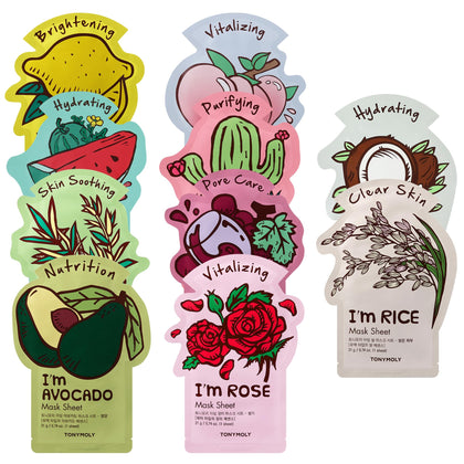 Set de 10 masques en tissu I’m Real de TONYMOLY affiché sur un fond coloré
