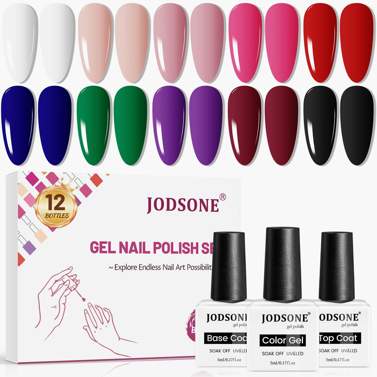 Set de 12 bouteilles de vernis à ongles en gel JODSONE avec base et top coat