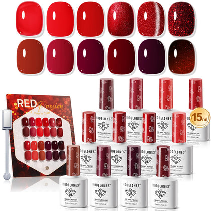 Set de 12 vernis gel modelones 15ml en rouge avec support de présentation