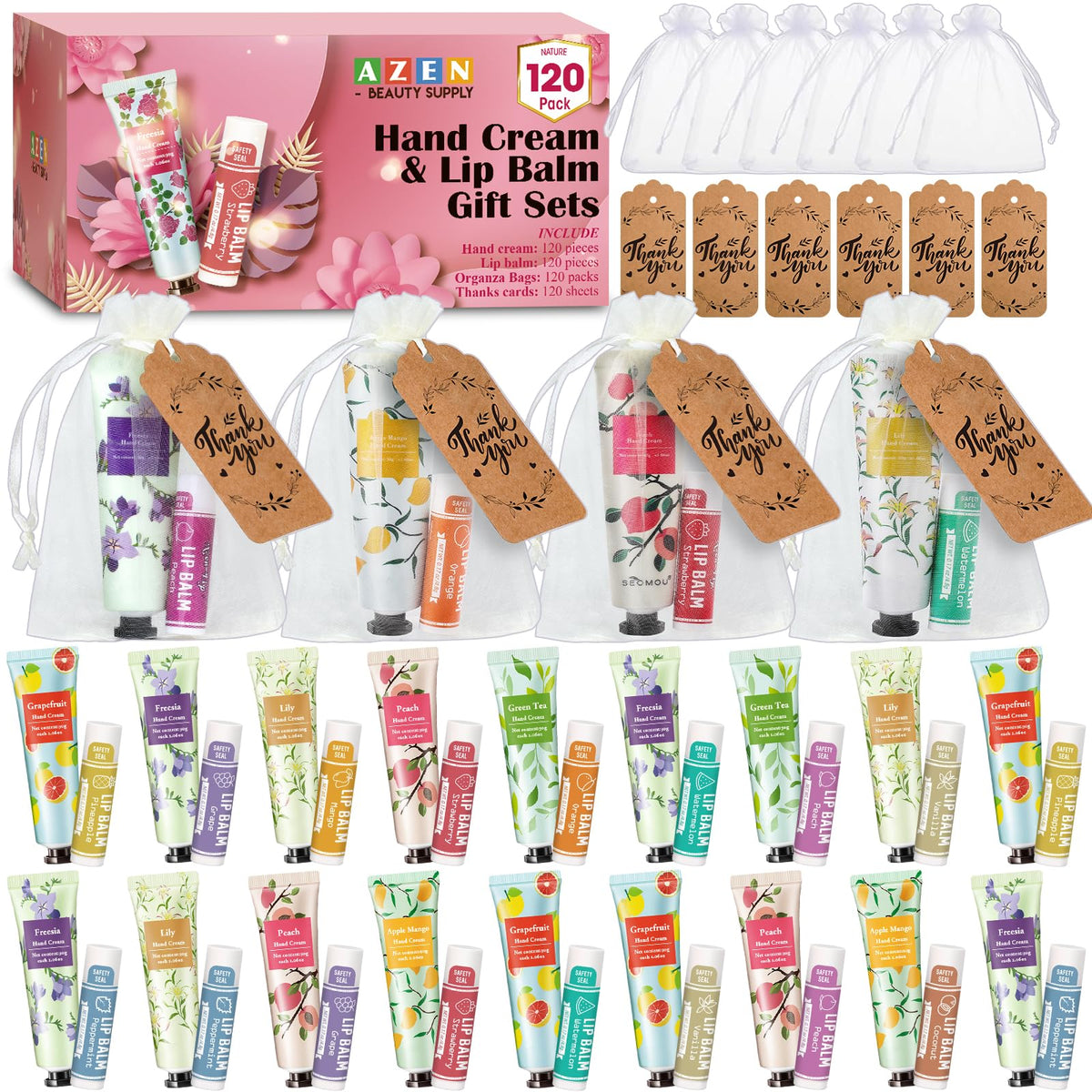 Set de 120 crèmes à main et baumes à lèvres AZEN avec sachets en organza